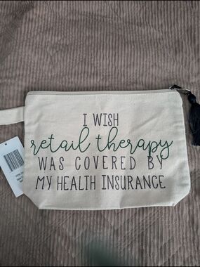Canvas Zip Pouch "Retail Therapy" - Cream with Green & Black Script